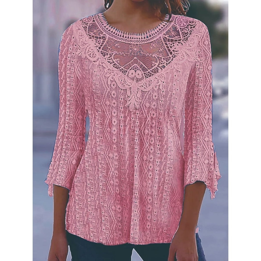 2023 Summer New Comfortable Leisure Hollow Out Perspective Lace Splicing Seven Quarter Sleeve Top