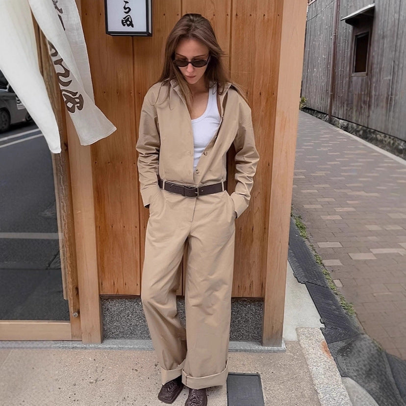 Autumn French Fashion Khaki Cargo Overalls