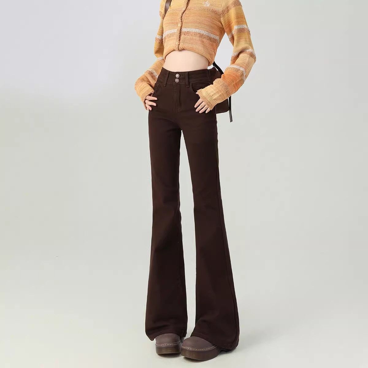Brown High-waisted Slimming Maillard Flared Pants For Petite