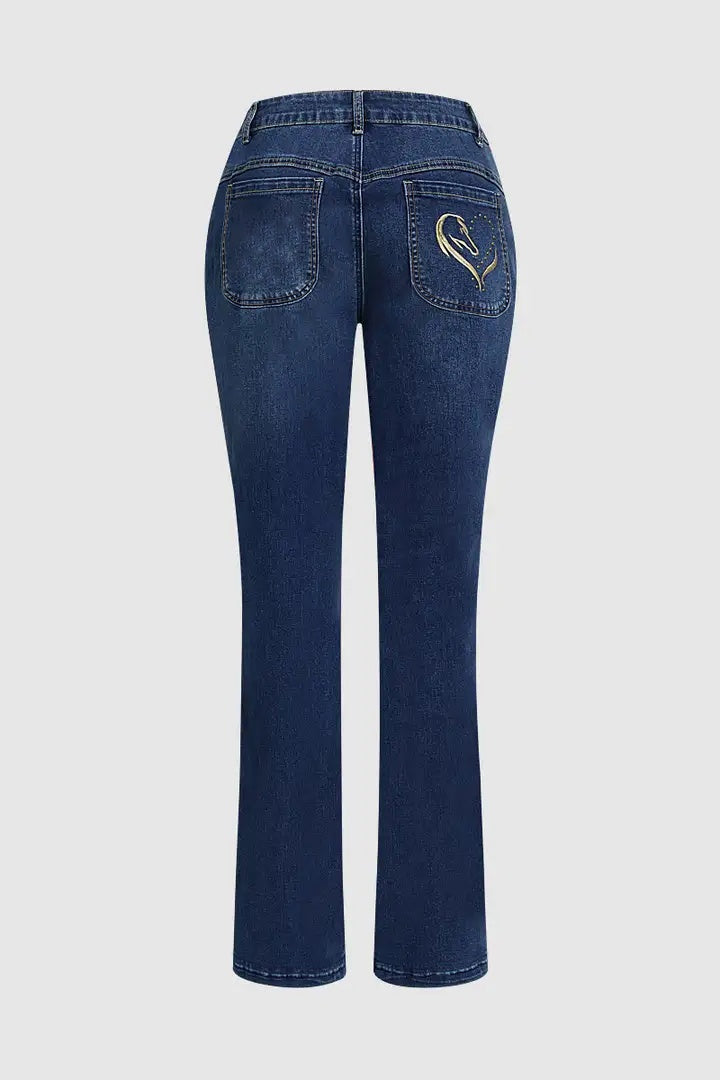 Gold Embroidered Horse Flare Jeans High-Waisted Dark Wash, Retro Western Cowgirl Chic, Festival Ready Must-Have Denim Pants