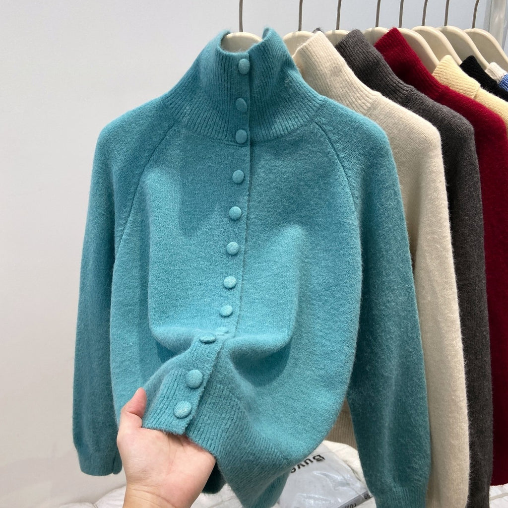 Women's Turtleneck Single-breasted Cardigan Loose And Lazy Style Knitted Sweater