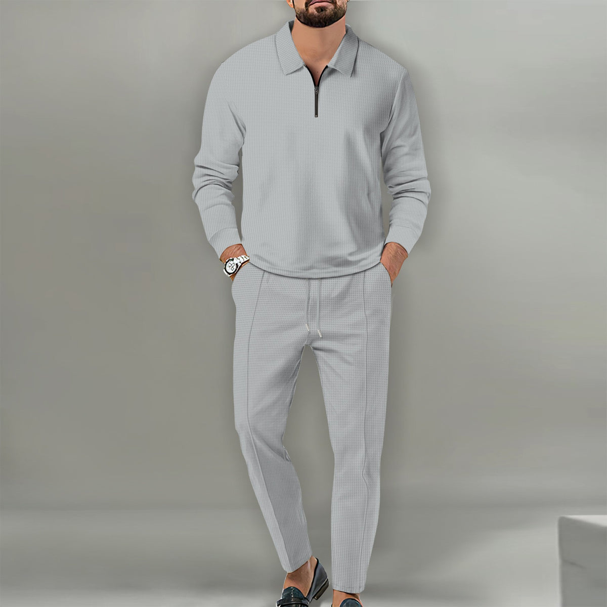 Waffle Solid Color Zipper Long Sleeve Trousers Suit Men