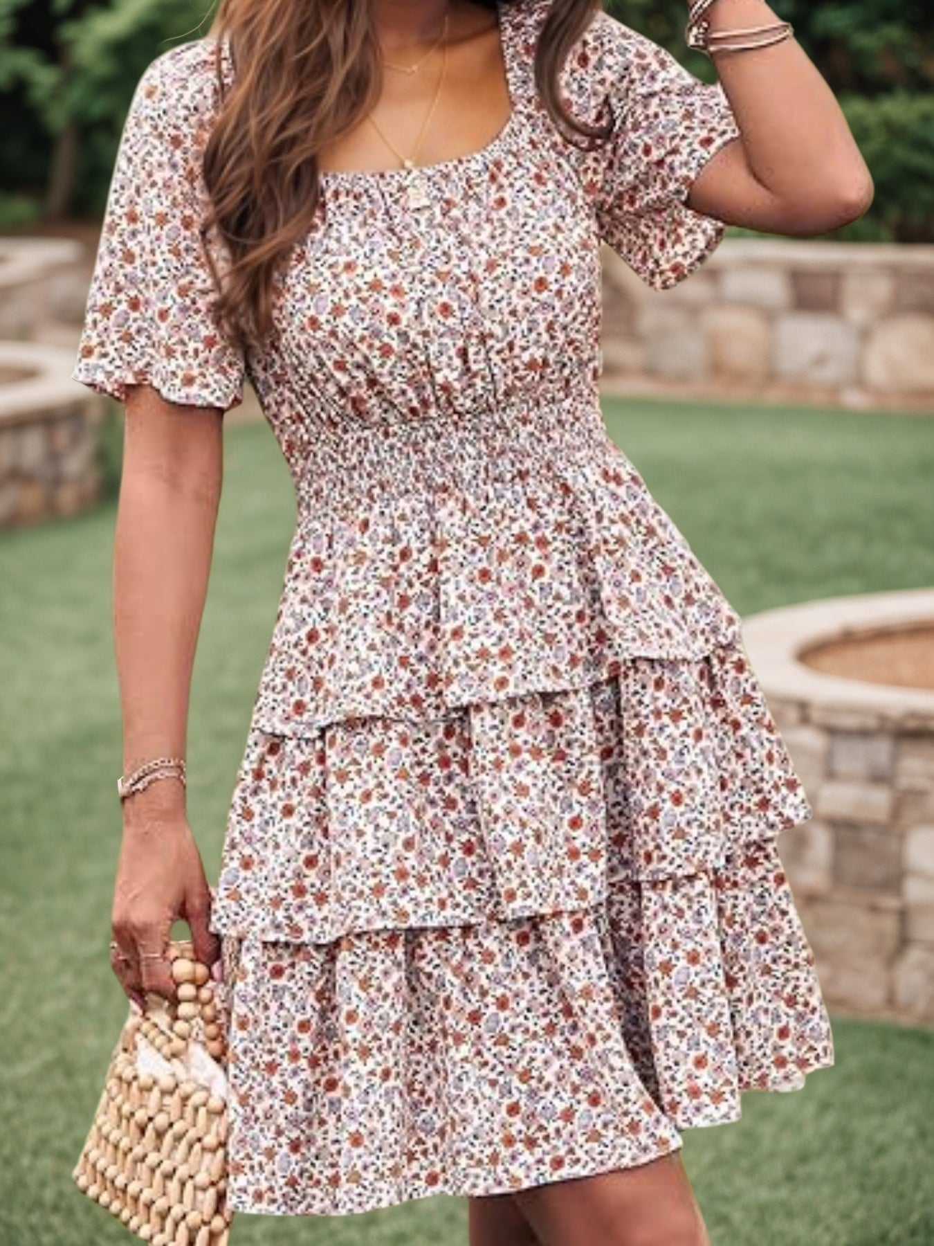 2025 Women's New Floral Summer Short Dress Square Neck Short Sleeve Layered Folded Bohemian Pendant Skirt