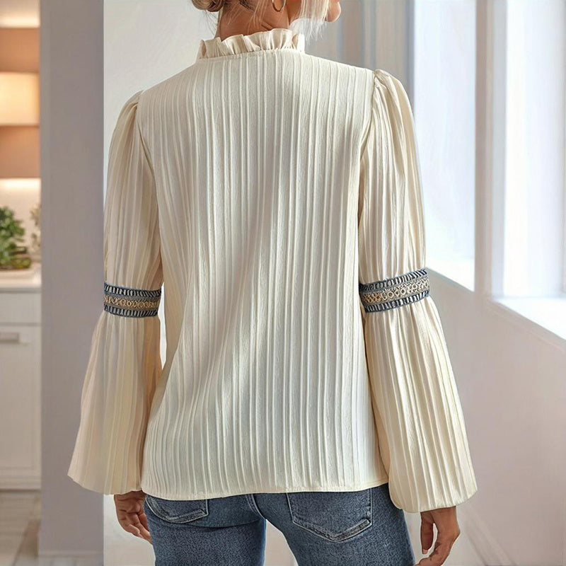 Boho Chic Colorblock Top, Women's Patchwork Blouse With V Neck And Lantern Sleeves
