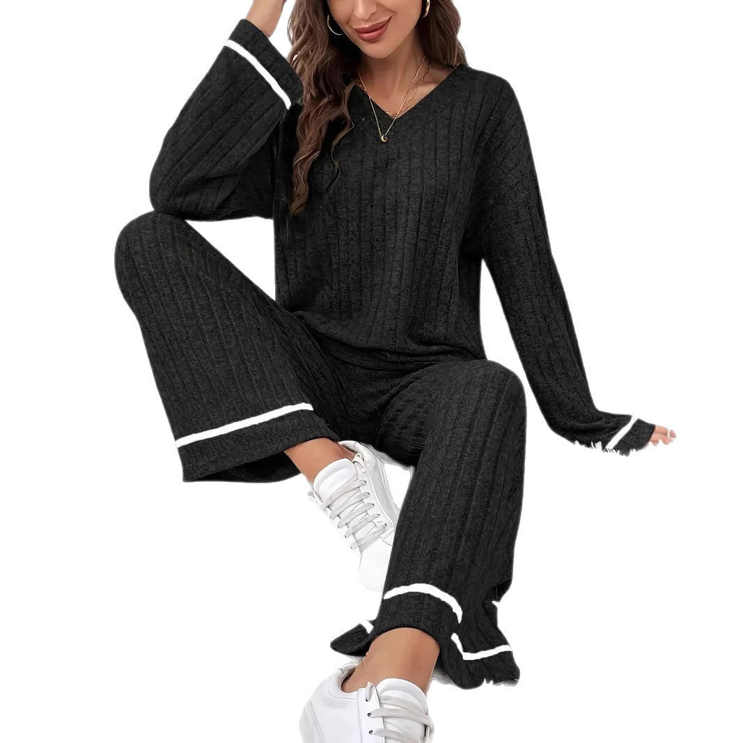 Black Striped Loose-fitting Sanding Sunken Stripe Simple Homewear Suit