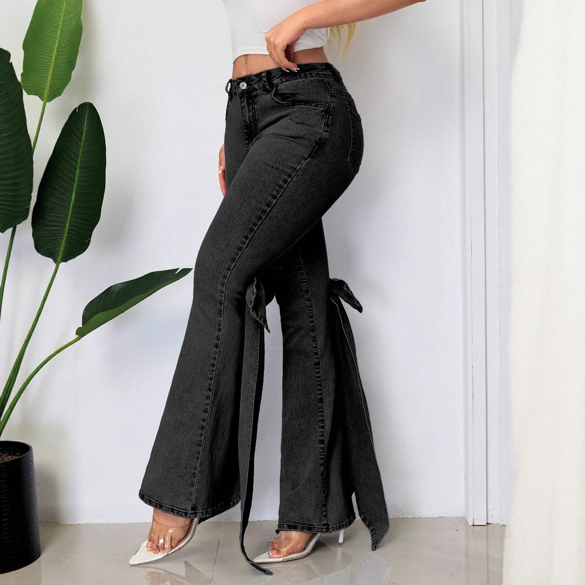 European And American Retro Three-dimensional Bow Slim-fit Mid-stretch Mop Horn Denim Trousers