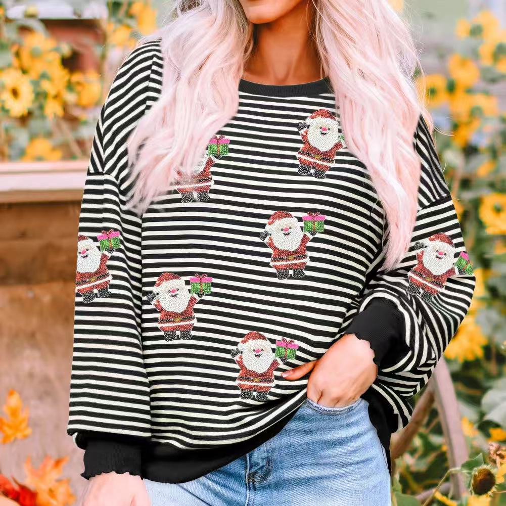 Striped Santa Claus Sequined Sweater For Women