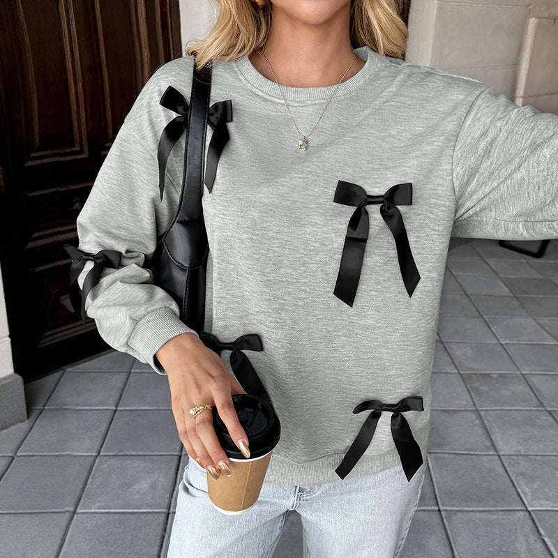 Bow Decoration Gray Round-collar Sweater For Women