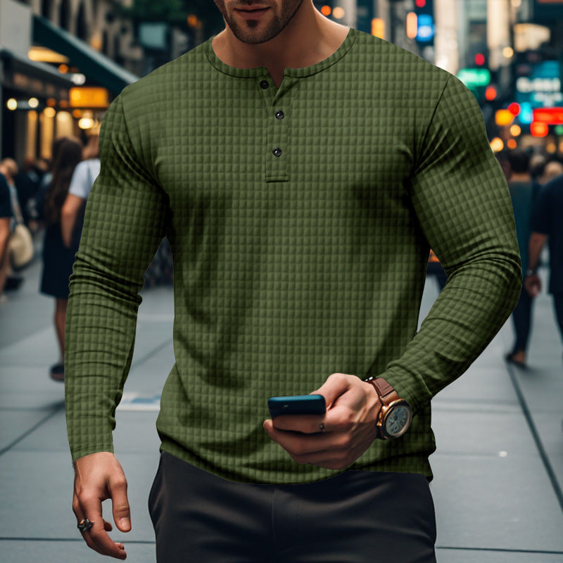 Men’s Jacquard Small Check Casual Sport Long Sleeve Shirt