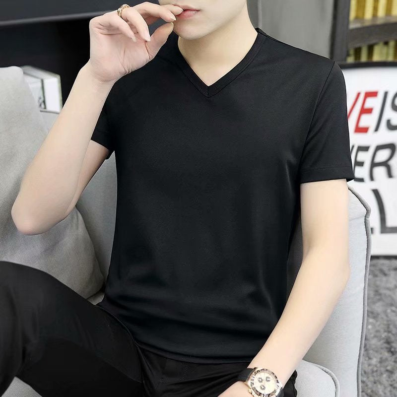 Mens Short-Sleeve V-Neck T-Shirt Summer Slim-Fit White All-Match Tee