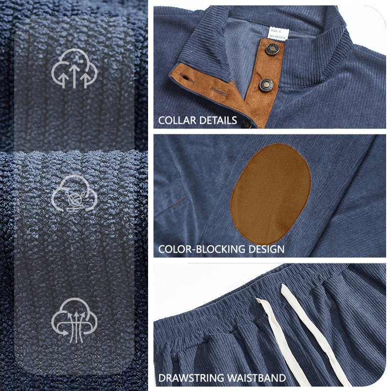 Corduroy Sweatshirt And Sweatpants Stand Collar Access Front View