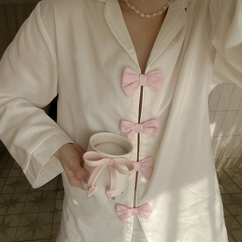 Bow Polo Collar Solid Color Long-sleeved Trousers Two-piece Pajamas Homewear
