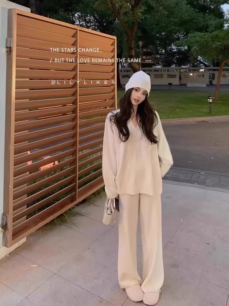 Autumn And Winter Wool Suit Women's V-neck Knitted Wide-leg Pants Cashmere Sweater
