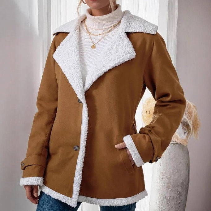 New Women's Suede Lapel Mid-length Woolen Casual Warm Jacket