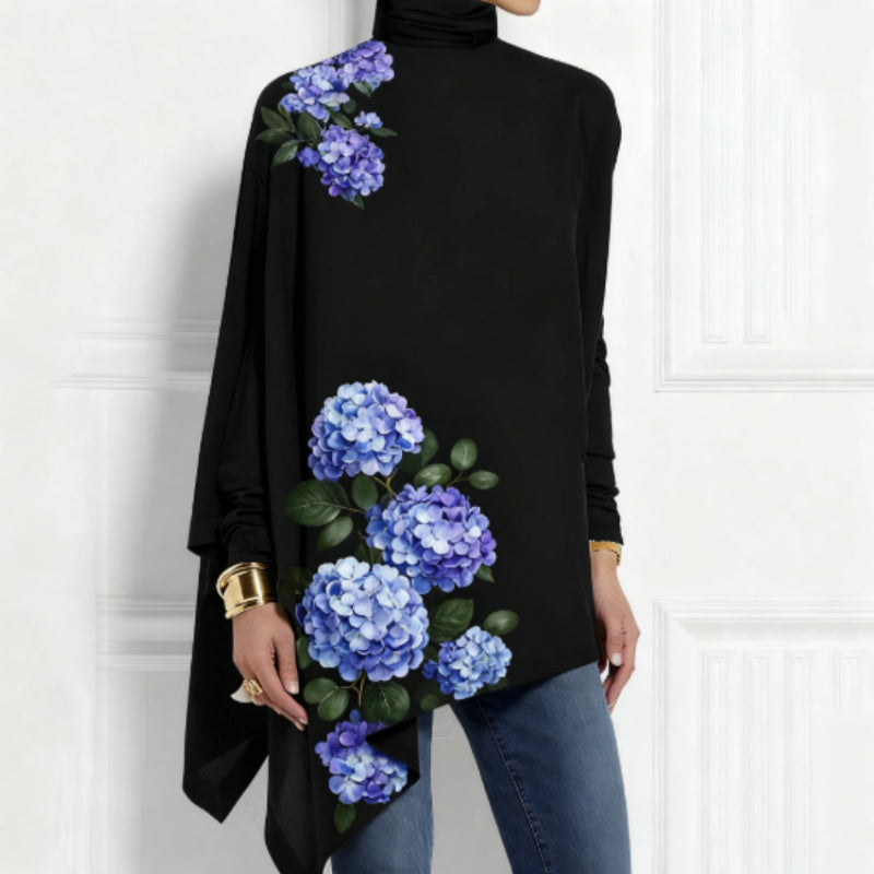 Women's Blue Hydrangea Print Turtleneck Tunic