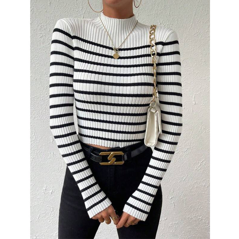 Fashion Long Sleeve Sunken Stripe Turtleneck Casual Slim Striped Sweater