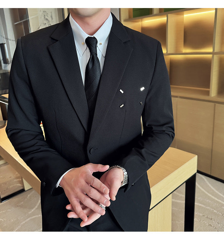 Slim-fit Thin One Button Casual Suit Jacket Men's worn with a tie, showcasing a modern and sleek style in a refined setting.