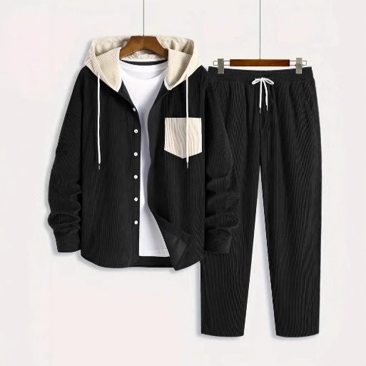 Men's Waffle Hooded Hoodie Trendy Two-piece Suit back view