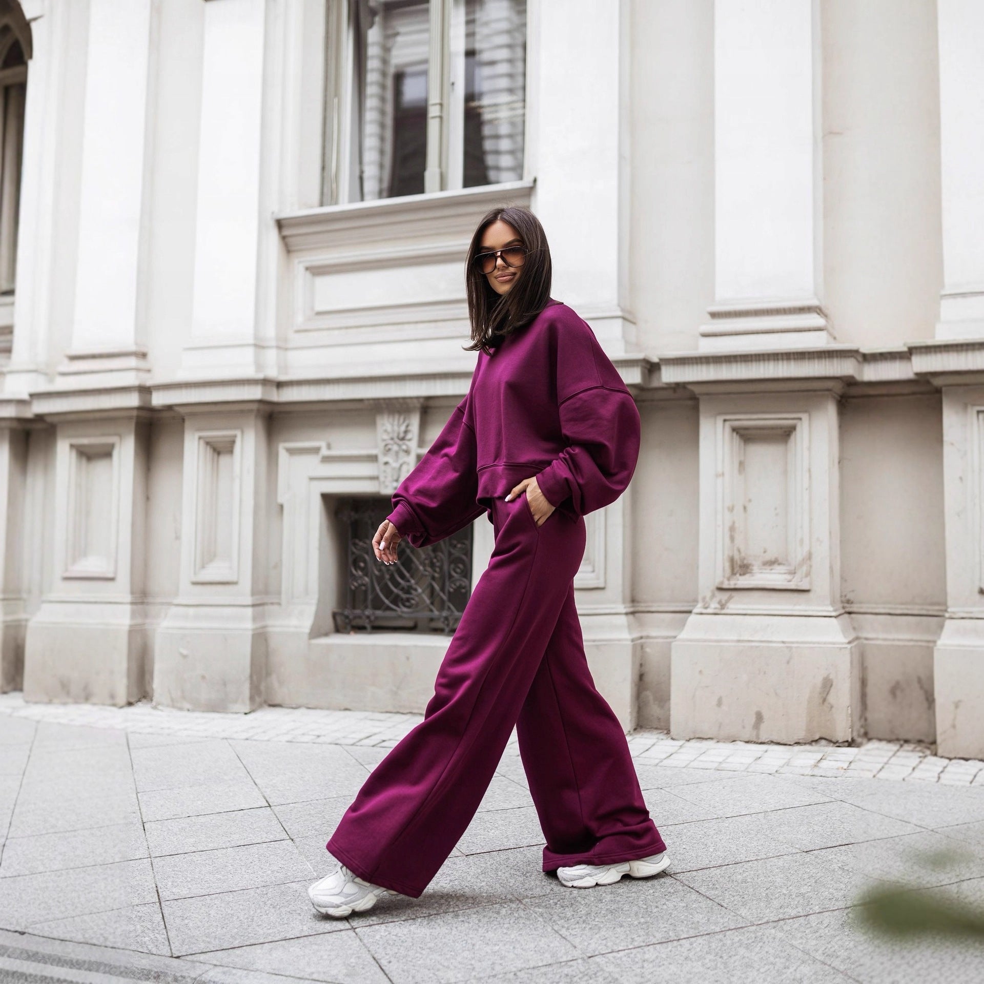 Autumn And Winter Round Neck Long Sleeve Wide Leg Pants back view