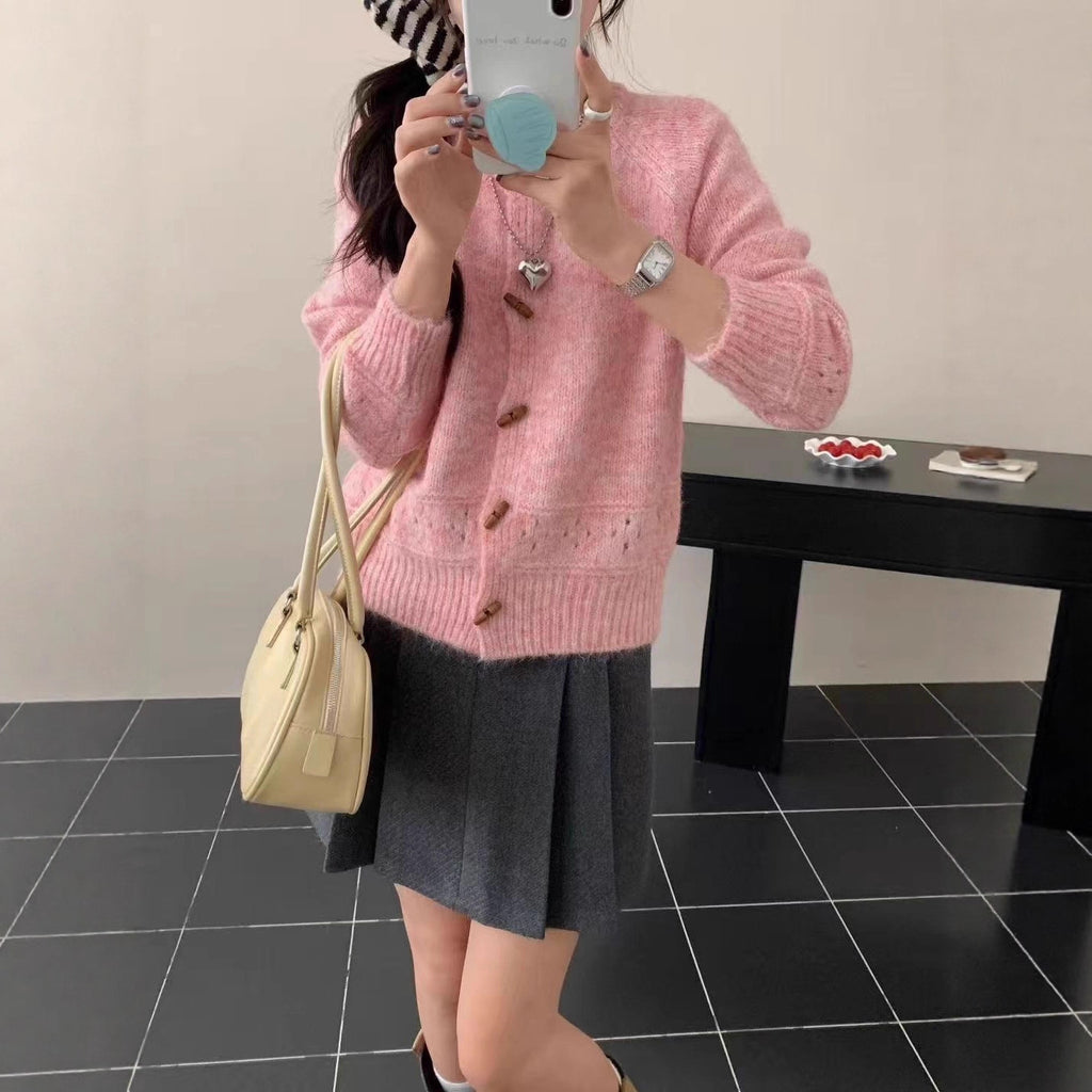 Atmosphere Horn Button Solid Color Soft Glutinous Knitted Cardigan