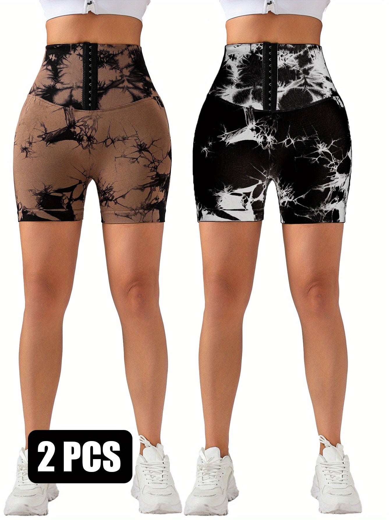 2 Pack 3-ROW HOOK Seamless Sexy Tie Dye Shorts Scrunch Butt Lifting Tummy Control High Waist Quick Drying Sports Yoga Shorts