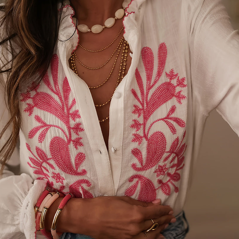 Boho Style Floral Ruffle Blouse, Women's Dressy Casual V-Neck Lantern Sleeve Button Down Shirt