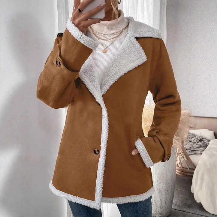 New Women's Suede Lapel Mid-length Woolen Casual Warm Jacket