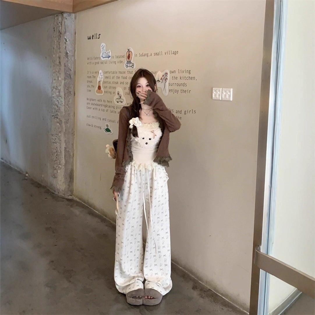 Bear Suspenders Coffee Color Cardigan Bow Pants Suit