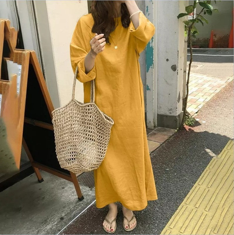 Artistic Casual Retro Round Neck Loose Large Size Long Dress