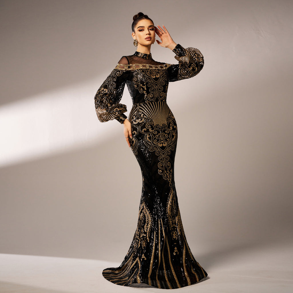 Long Sleeve Round Neck Sequins Mesh Fishtail Evening Dress